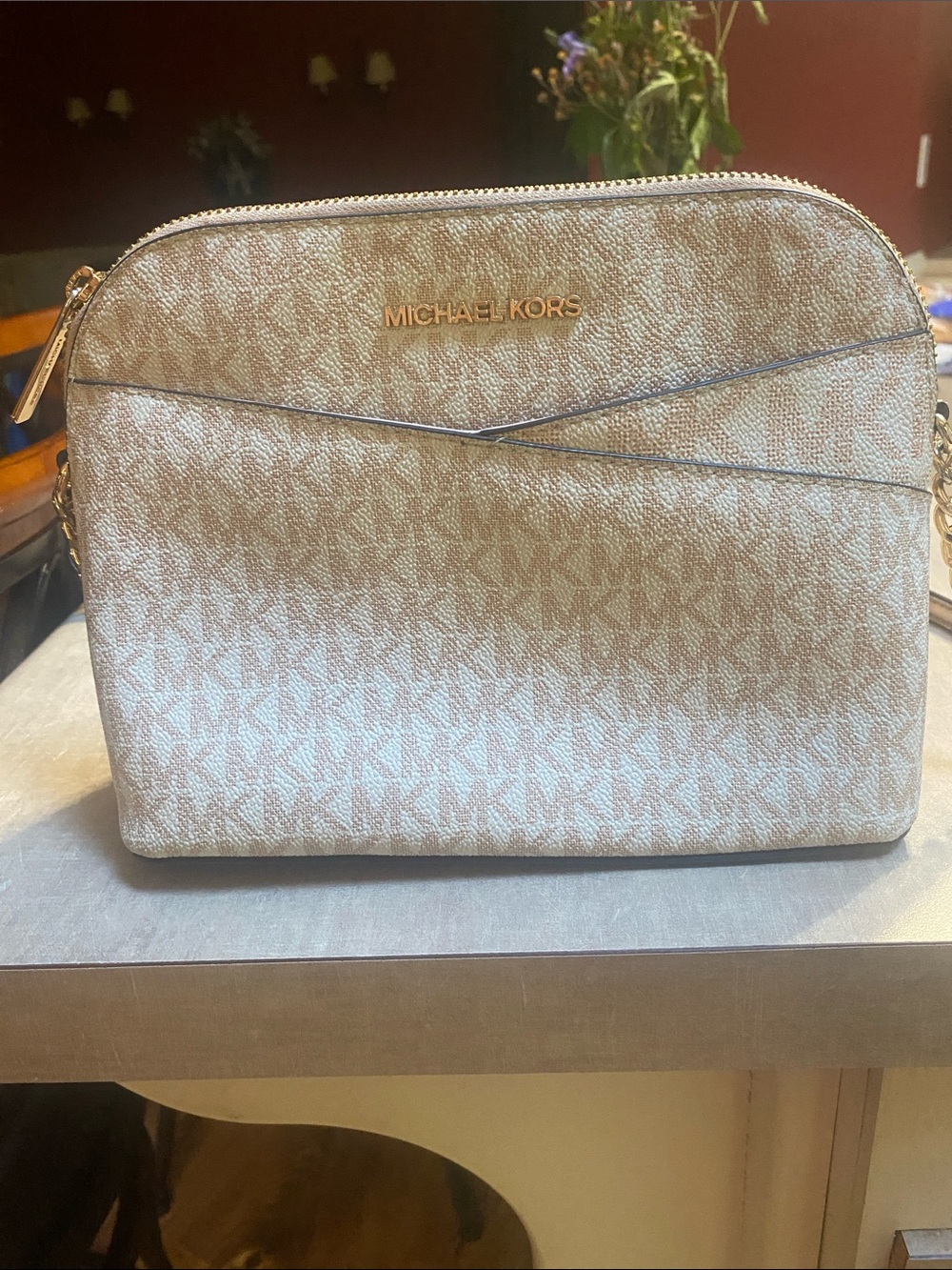 Michael Kors Beige Monogram Crossbody with Gold Hardware